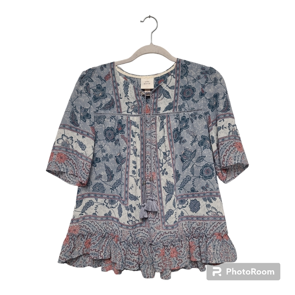Knox Rose Popover Top S Ruffle Tassel Half Sleeve Thin Sheer Trendy Casual Shirt